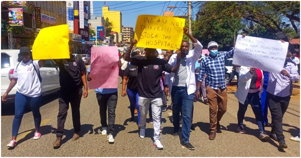 Doctors protesting in Kiambu. Photo: KMPDU.