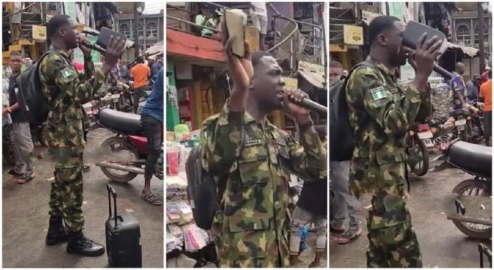 Man seen preaching inside a Nigerian market wearing army uniform.
