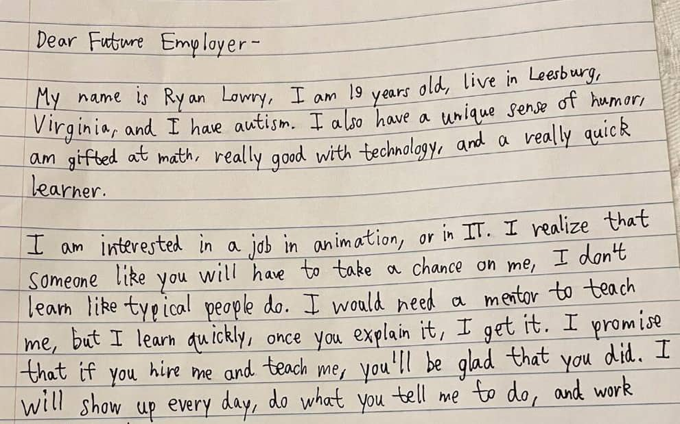 Autistic 20-year-old writes heartfelt letter for future employers: "take a chance on me"