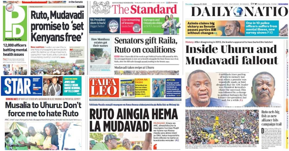 Front pages of Kenyan newspapers for January 27. Photo: Screengrabs from The Standard, Daily Nation, The Star, People Daily and Taifa Leo.