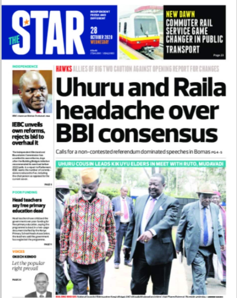 Kenyan newspapers review for Oct 28: Uhuru, Raila take BBI to Naivasha to iron out contentious issues