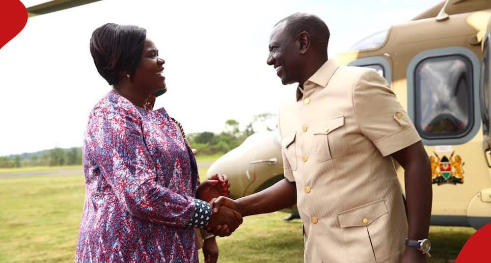 Governor Gladys Wanga and President William Ruto. They burst into laughter during prayers in Homa Bay.