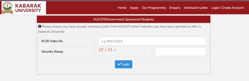 Kabarak University application portal.