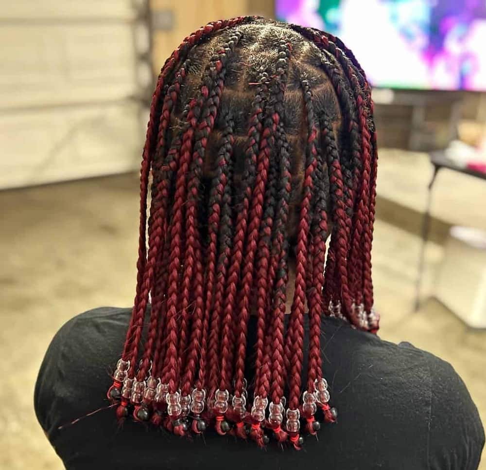 Shoulder length burgundy with beads