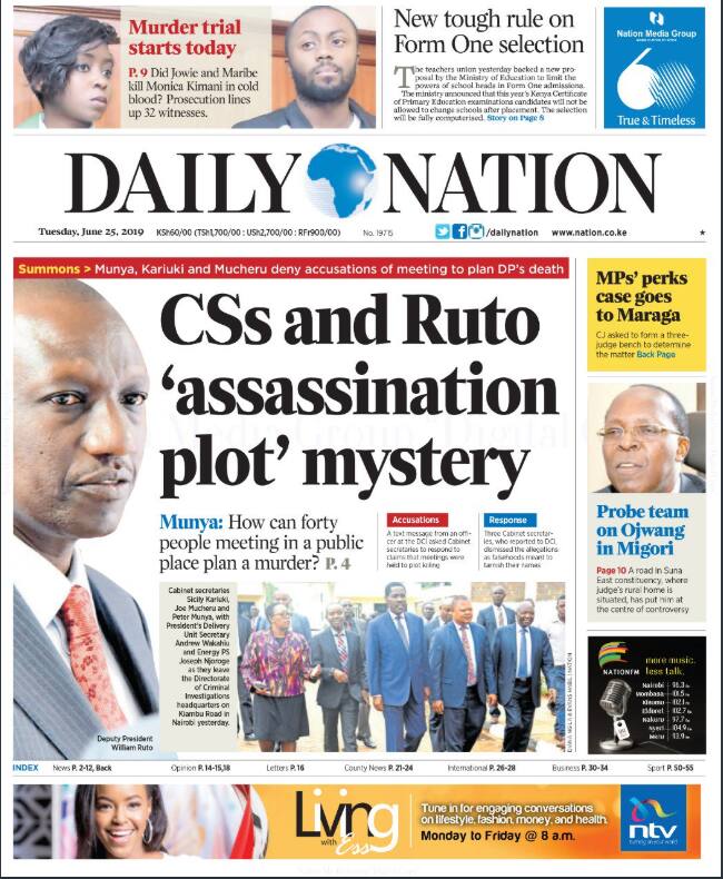 Kenyan Newspapers Review for June 25: Uhuru ordered DCI to investigate CSs over Ruto's assassination claims