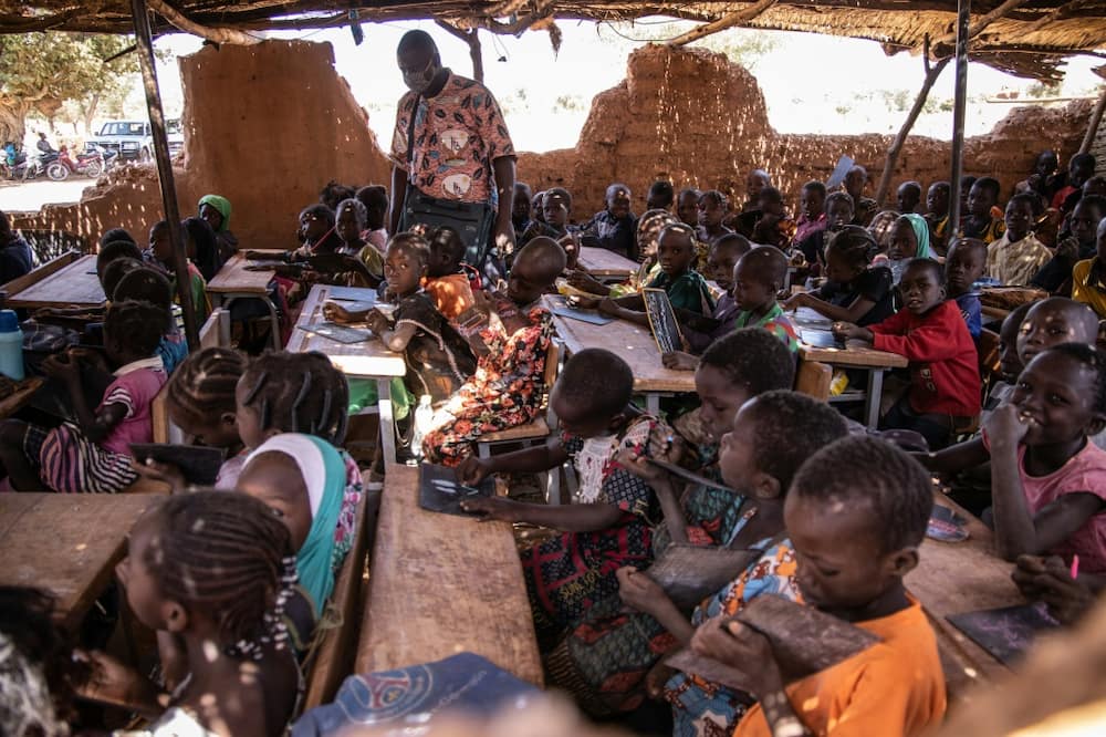 The jihadist insurgency in Burkina Faso has displaced more than two million people. Pictured: A makeshift classroom in the north-central town of Kaya