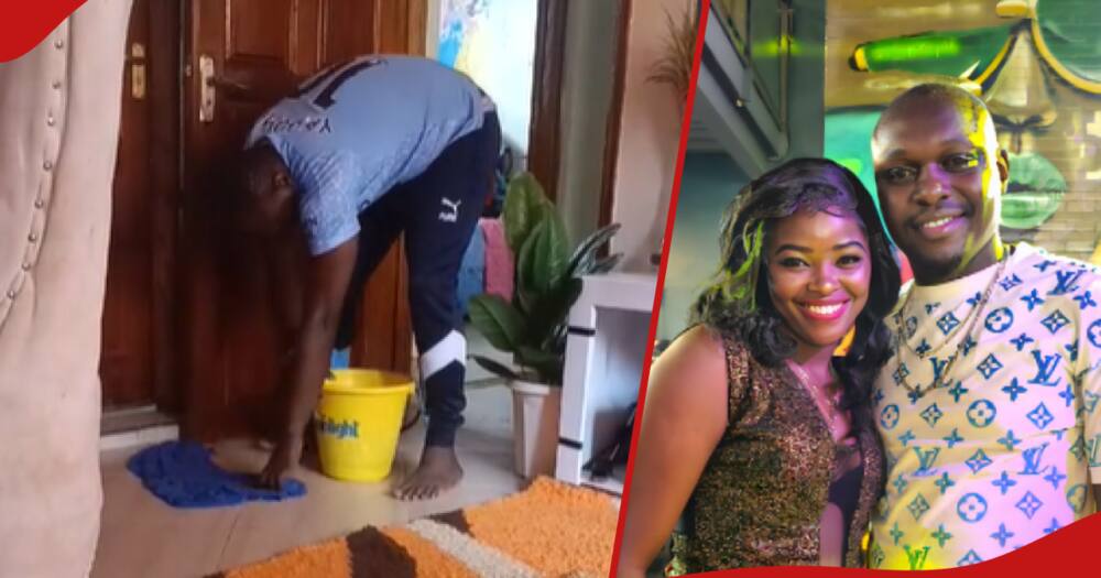 Morris Yagomba cleaning their home in first frame, second frame shows him with wife Wambui.