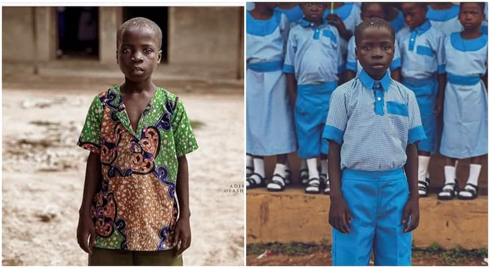 Photos of a black boy in school uniform.