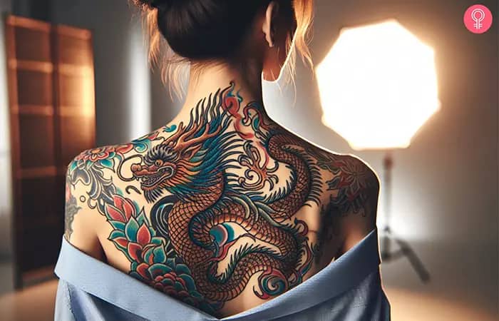 Asian mythology style full back tattoo