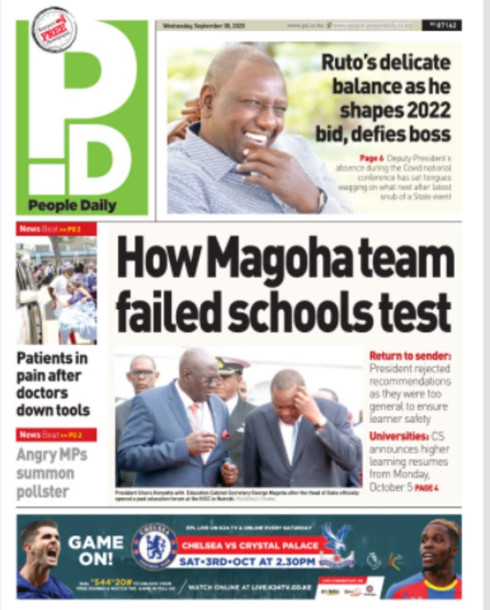 Kenyan newspapers review for September 30: Uhuru altered speech on school reopening, threw education officials under bus