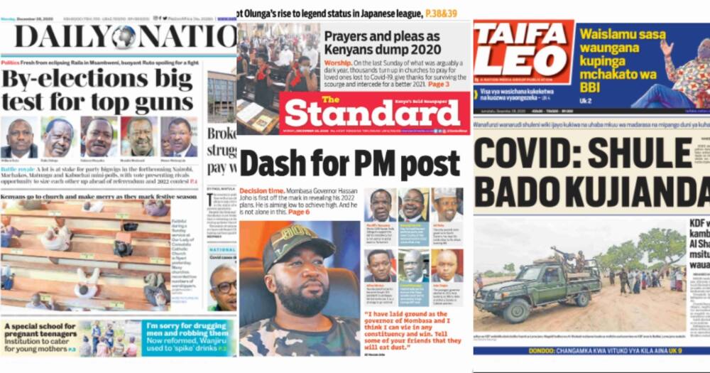 Kenyan newspapers for December 28: Joho shelves presidency dream, says may vie for MP and eye PM seat