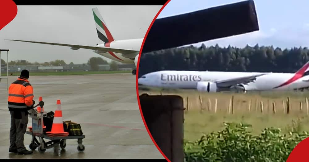 Emirates plane at the airport and another one landing at Eldoret International Airport.