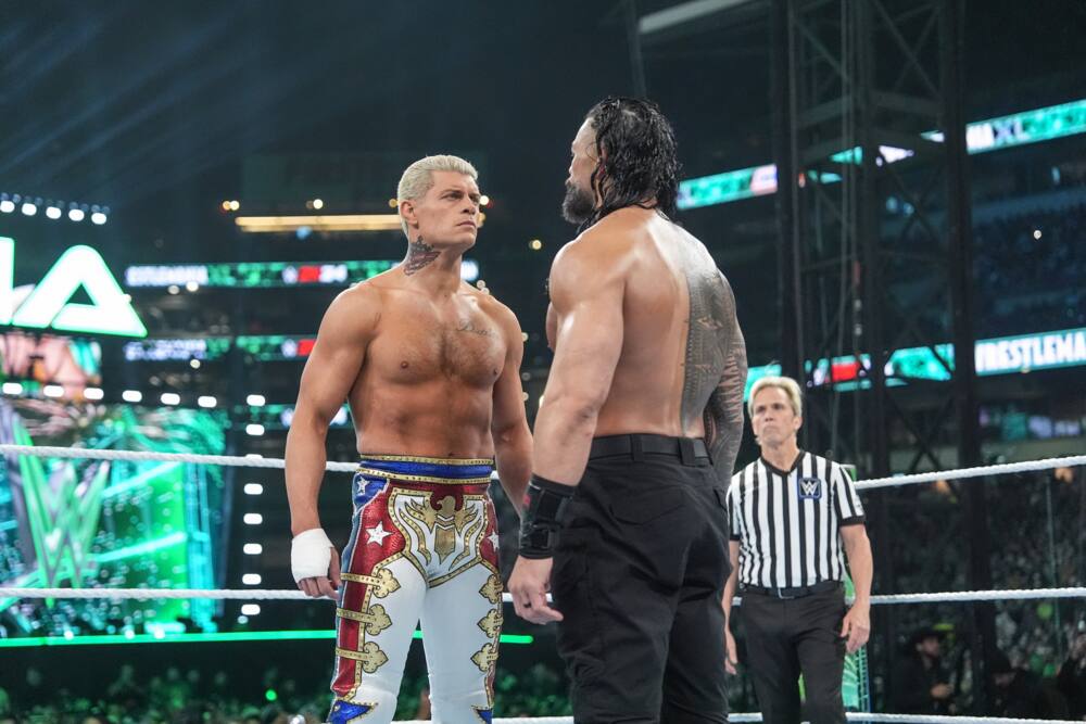 Cody Rhodes faces off with Roman Reigns during Night Two of WrestleMania 40 at Lincoln Financial Field