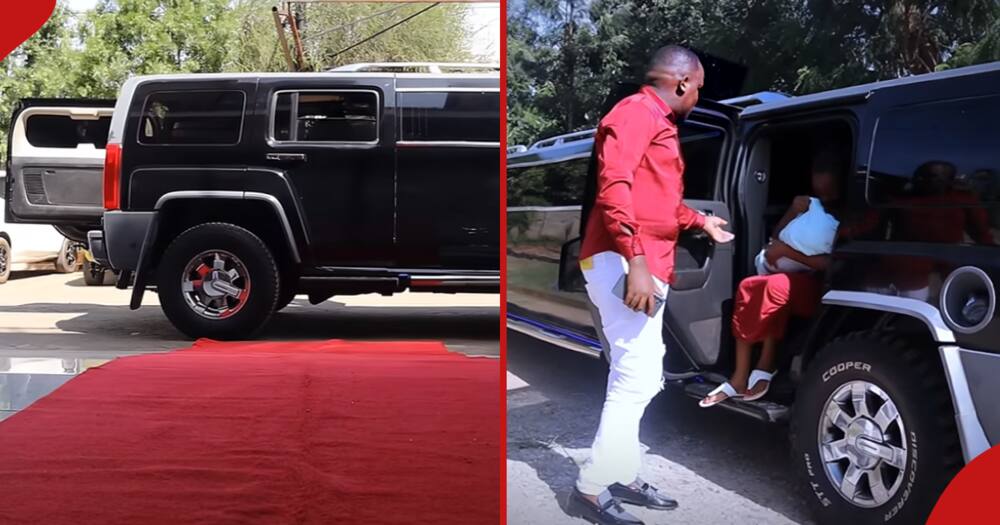 Commentator picked up his girlfriend Moureen Ngigi from the hospital after she welcomed their newborn baby with a black Hummer limousine.