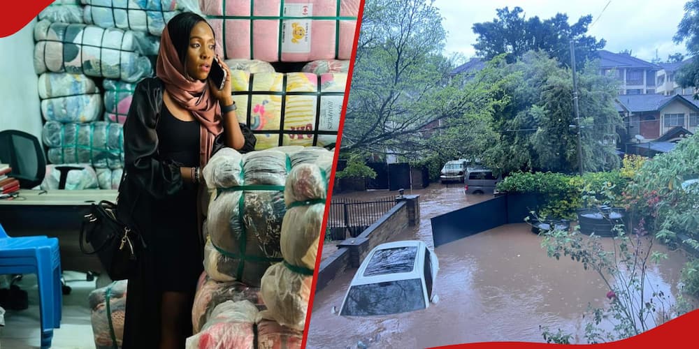 Left: Jane Wamuyu in his shop at Gikomba.
Right: A flooded area in Nairobi.